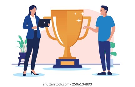 Ganadores de negocios - Dos empresarios sonrientes, hombre y mujer de pie frente a la gran copa de trofeo de premio. Concepto de logro y éxito en Ilustración vectorial de diseño plano con fondo blanco