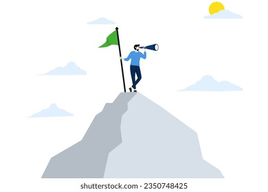 business winning or achievement concept, winner winner or champion looking for next mission goal or target, new vision or challenge, successful entrepreneur on mountain top looking for new challenge.