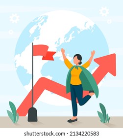 Business winning concept. Girl rejoices next to flag with globe. Metaphor for successful investments and achieving goals. Increasing earnings, financial literacy. Cartoon flat vector illustration