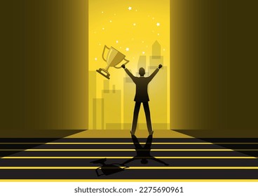 Business winning first place, proud businessman holding winner trophy, award winner or achievement, champion trophy or career success concept