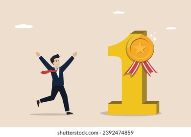 Business winning first place, success or achievement, champion trophy or career success concept, businessman winning trophy on first podium.
