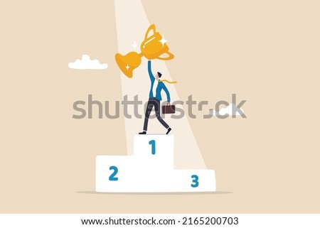 Business winning first place, success or victory, award winner or achievement, champion trophy or career success concept, proud businessman holding winner trophy on first place podium with spotlight.