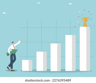 Business winning strategy, ways to achieve career goal and success, reward or prize awaits in the final, the man stands near a bar graph, like a ladder of success with a direction arrow.