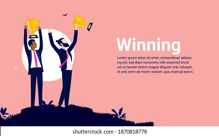 Business winning - Successful business partners holding trophies over their head, celebrating winnings and success. Vector illustration. 