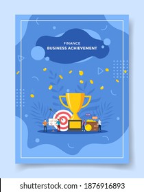 business winning team people front big trophy coin fall for template of banners, flyer, books cover, magazines with liquid shape style