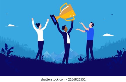 Business winning trophy - Team of people cheering and having success celebrating award. Vector illustration with blue background