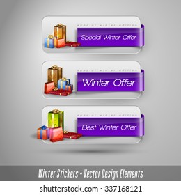 Business winter stickers with gifts. Vector design elements.