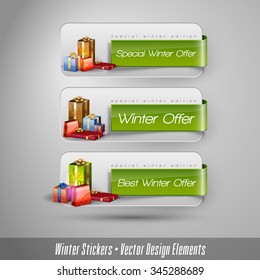 Business winter stickers with gifts. Vector design elements.
