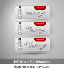 Business winter stickers with snowman. Red vector design elements.