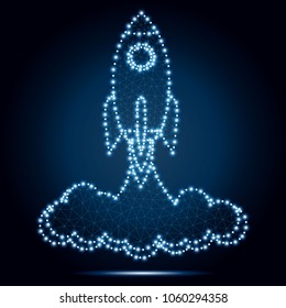 Business wireframe concept background with rocket startup. Polygonal spacecraft in low poly design with triangles, line, connecting dots - concept of business launch. Isolated on blue sky background