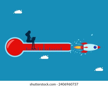 Business without limits. Businesswoman working with rocket flying past thermometer 