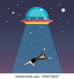Business woman abducted by UFO. Flat style vector illustration