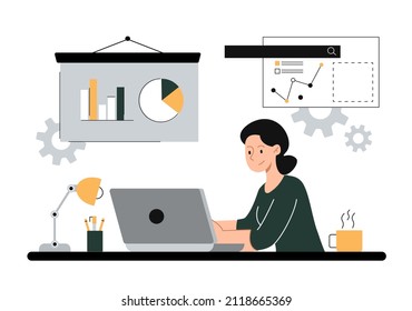 Business woman abstract concept. Female character sitting at workplace, working on laptop, performing tasks and analyzing data. Efficiency and multitasking. Cartoon modern flat vector illustration