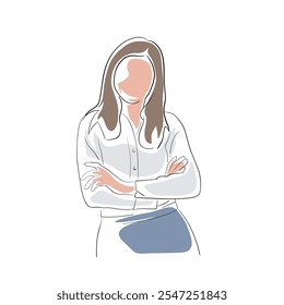 Business woman abstract portrait, woman standing with folded arms, line art, isolated vector drawing illustration