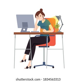 Business woman or an accountant in a suit fell asleep working on a laptop computer at her office desk. Flat style color modern vector illustration.