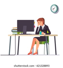 Business woman or an accountant in a suit fell asleep working on a laptop computer at her office desk. Flat style color modern vector illustration.