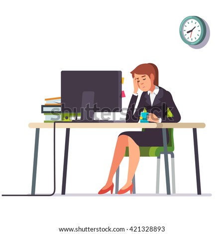 Business woman or an accountant in a suit fell asleep working on a laptop computer at her office desk. Flat style color modern vector illustration.