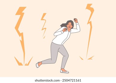 Business woman is afraid of lightning and runs around in panic, needing lessons on how to deal with fears. Concept of business bankruptcy and financial crisis following defenseless girl