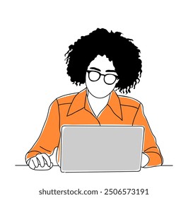 Mujer de negocios con el pelo afro sentado en el escritorio, trabajando en el ordenador portátil. Abogado, gerente, contador, consultor, empresario. Ilustración vectorial dibujada a mano simple aislada sobre fondo blanco.