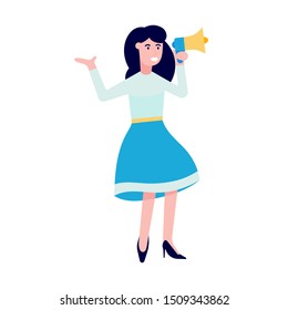 Business woman agitator with megaphone speaker shouting out flat style design vector illustration isolated on white background.