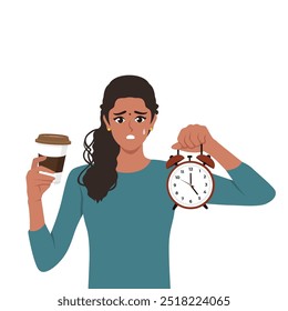 Business woman with alarm clock and cup of coffee offers to take break from work. Flat vector Character illustration