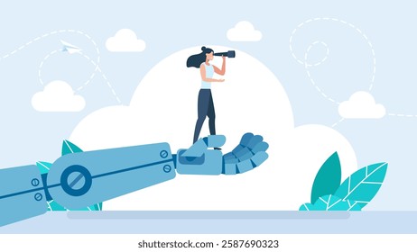 Business woman analyst use telescope climb up. Artificial intelligence technology futuristic, AI. Robot holding a businesswoman with a telescope, helping her to look further ahead. Vector illustration