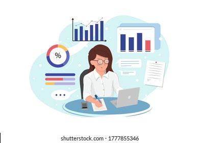 Business woman analyzes data and makes accounting report. Vector Illustration concept.  svg