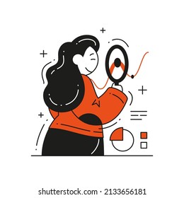 Business woman analyzing financial balance graph dot wealth investment vector flat illustration. Female employee looking commercial diagram economic efficiency strategy development magnifying glass