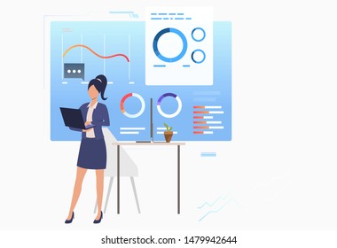 Business woman analyzing financial data charts. Consulting, analytics, analysis concept. Vector illustration can be used for topics like business, finance, statistics