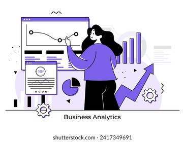 business woman analyzing and monitoring financial data, Business analytics, and research, Business financial planning, business strategy, Analysis concept for web banner, landing page, infographics 