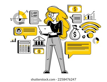 Business woman analyzing and organizing financial deals online vector outline illustration, entrepreneur company leader working on commercial project on internet.