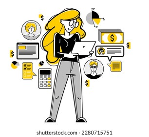 Business woman analyzing and organizing financial deals online vector outline illustration, entrepreneur company leader working on commercial project on internet.