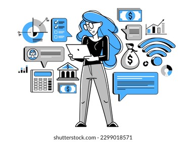 Mujer empresaria analizando y organizando acuerdos financieros en línea ilustraciones de esquemas vectoriales, empresaria líder de empresa trabajando en proyectos comerciales en internet.