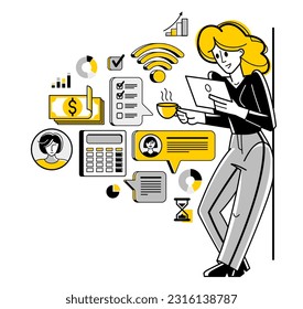 Business woman analyzing and organizing financial deals online vector outline illustration, entrepreneur company leader working on commercial project on internet.