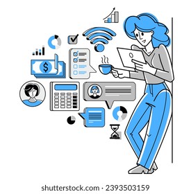 Business woman analyzing and organizing financial deals online vector outline illustration, entrepreneur company leader working on commercial project on internet.