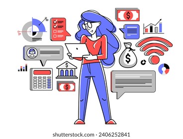 Business woman analyzing and organizing financial deals online vector outline illustration, entrepreneur company leader working on commercial project on internet.