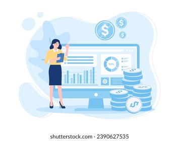 A business woman is analyzing the results of the annual financial report trending concept flat illustration