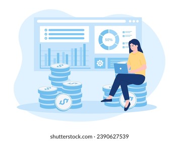 A business woman is analyzing the results of the annual financial report trending concept flat illustration