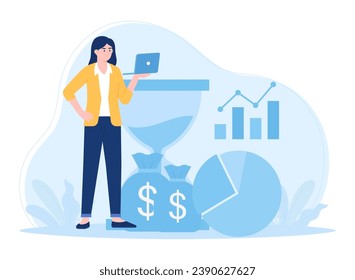 A business woman is analyzing the results of the annual financial report trending concept flat illustration
