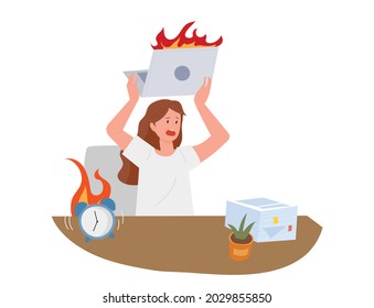 A business woman is angry and throwing a laptop. outline simple vector illustration.