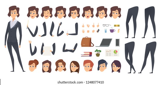 Business Woman Animation. Creation Kit Female Manager Body Parts And Office Tools Vector Character Constructor