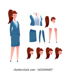 Business woman animation set. Young girl in suit various face emotions, legs and arms position. Vector cartoon female manager creation kit. Office worker.