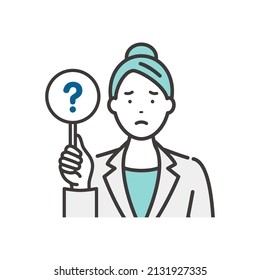 A business woman with an answer tag. The answer is a question mark.