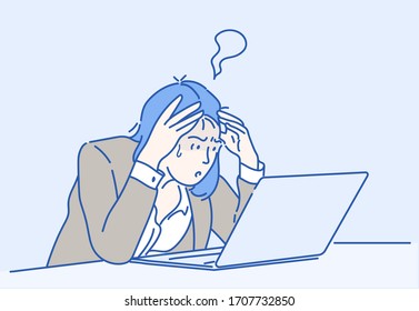 Mujer de negocios con cara ansiosa con el trabajo que está haciendo en una laptop. Dibujo manual en líneas delgadas, ilustraciones vectoriales.