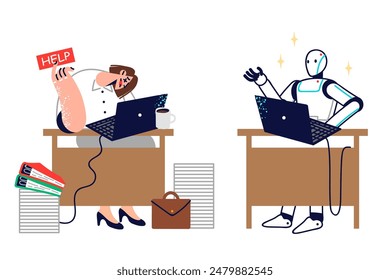 Business woman asks robot for help, after losing fight for job with artificial intelligence, sitting at table. Robot comes to aid of girl secretary, for concept of benefits of routine automation