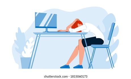 Business Woman Asleep At Desk In Office Vector. Overworked Young Businesswoman Employee Asleep At Desk. Character Girl Worker Resting Sleeping On Workplace Table Flat Cartoon Illustration