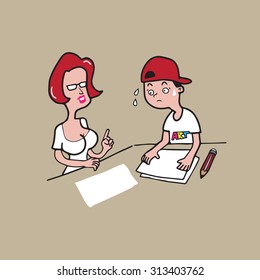 Business woman assigns job to creative cartoonist