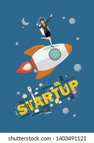 Business woman astronaut standing on a rocket. Project start up new business.