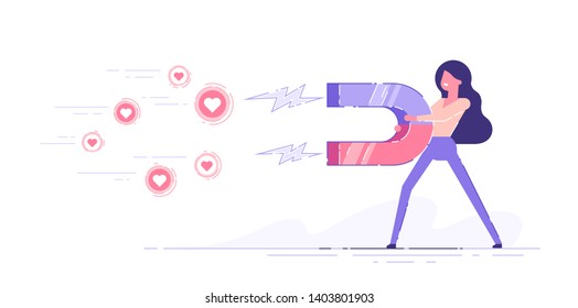 Business woman attracting likes signs with a huge magnet. Social media marketing concept. Modern vector illustration.