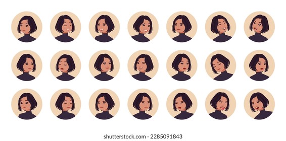 Business woman, attractive brunette lady avatar, office manager portrait set employee bundle. Different emotions face icons, character pic. Vector flat style cartoon circle isolated, white background